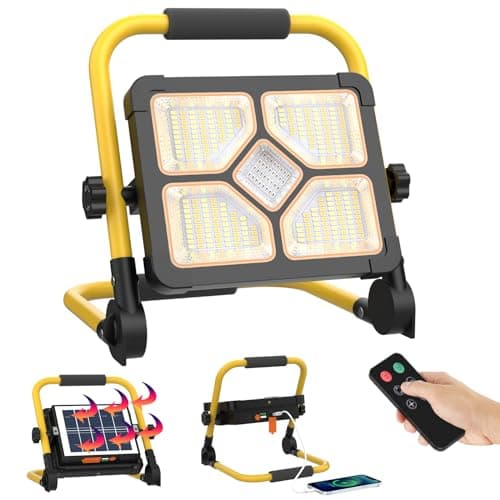 ERAY 150W Foco LED Recargable con Mando y Apoyo, Foco de Trabajo Portátil con Batería de 15000mAh/5 Modos de Luz/296 LEDs/Panel Solar/Banco de Energía, Foco LED Bateria para Camping, Emergencia