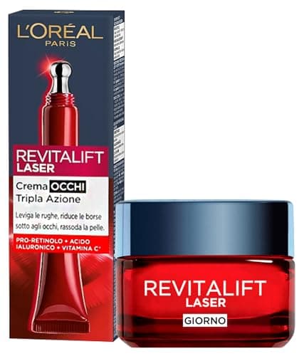L'Oréal Paris Revitalift Laser Crema de Día Antiedad Triple Acción Reafirmante e Iluminadora con Pro-Retinol y Vitamina C + Contorno de Ojos Antiarrugas - 2 Tratamientos con Ácido Hialurónico