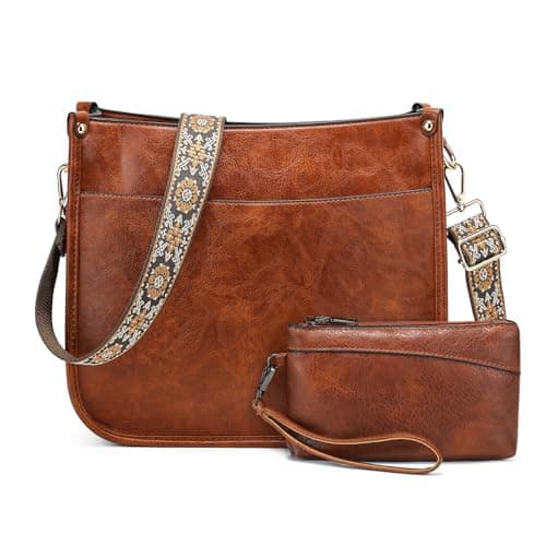 BAIGIO Bolso Bandolera Mujer Cuero PU, Bolso Mujer Bandolera Mediano con Correa Ancha, Bolsos Hombro Cruzado Mujeres y Monedero Carteras Set para Viaje Trabajo Casual Escuela, Marrón-2PCS