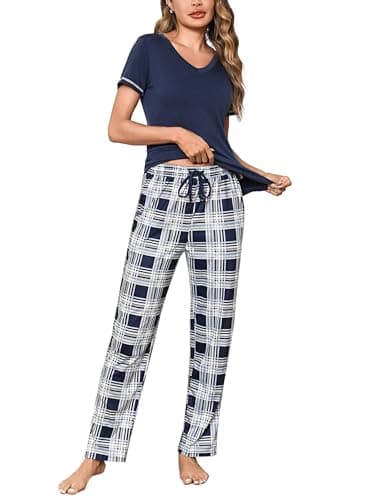 Litherday Pijama Mujer Algodón Verano Conjunto de Pijamas 2 Piezas con Camiseta Manga Corta y Pantalón Largo a Cuadros,Azul,M