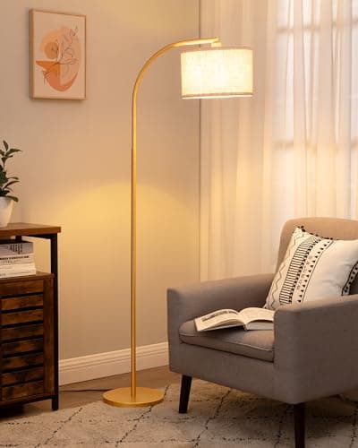 EDISHINE Lámpara de Pie Minimalista con Pantalla de Lino Beige, Casquillo E27, con Bombilla LED, 161cm Lámpara de Arco con Pantalla Ajustable para Dormitorio, Salón, Oficina, Dorado