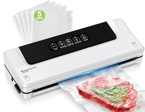 Bonsenkitchen Envasadora al Vacío 4 en 1 para Uso Doméstico y Comercial, Maquina al Vacio de Alimentos, Incluyendo 5 Bolsas (Blanco)