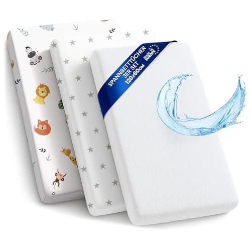 Sábanas Ajustables para Cochecito de bebé Juego de 3: 60x120 cm - 2 sábanas + 1 Protector de colchón Impermeable - Accesorios para Cuna de bebé y minicuna 60 x 120