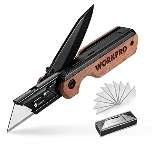 WORKPRO Cuchillo Plegable y Navaja 2 en 1, Cuter Utilitario de Aluminio, Navaja con Mango de Madera y Clip para Cinturón, Cambio Rápido, con 10 Cuchillas SK5 Extra