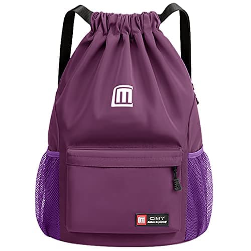 Eucomir Mochilas Gym De Malla Agua, Bolsa Impermeable De Nylon Bolsa De Gimnasio De Cordón Con Cremallera Exterior Para Deportes Vacaciones,Púrpura