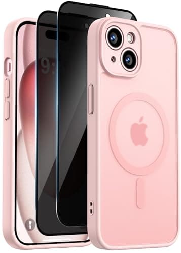 Helssitot Funda Magnétique para iPhone 15 (6.1 Pulgadas) con 2 Protector Pantalla de Privacidad [Protección Militar] Antideslizante Antihuellas Carcasa Parte Translúcido Mate Antiarañazos, Rosa Claro