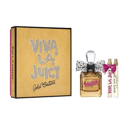 Juicy Couture - Viva La Juicy Gold Couture Eau de Parfum para Mujer, Set de 3 Piezas, Fragancia Ambar Floral Gourmand, Bayas Silvestres, Jazmin Sambac y Crema de Vainilla, Decadente y Envolvente