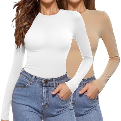 Aottori Pack de 2 Camiseta Interior Mujer Cuello Redondo Manga Larga Básica Camisetas Elegant Elástica Ajustada Ligera Ropa Interior Térmica Tops Blanco+Caqui XS