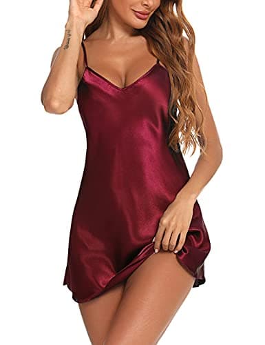 Litherday Camisón Satén Mujer Sexy Corto Verano con Cuello en V y Tirantes Ajustables – Ropa de Dormir Ligera y Suave para Novia y Mujer, Rojo Oscuro, L
