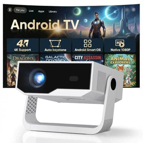 Proyector Portátil 300 ANSI, Mini Proyector 4K con Soporte 270°, Enfoque Auto y Corrección Trapezoidal, Android 14, 1080P Nativo, WiFi 6 + BT 5.4, Apps Integradas, para Móvil/PC/TV Stick, Cine en Casa