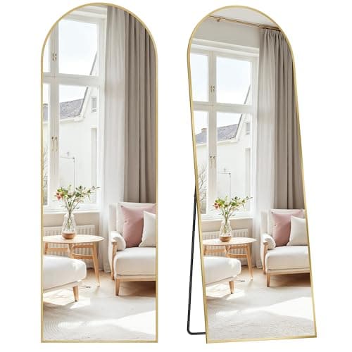 SONGMICS Espejo de Cuerpo Entero, 160 x 50 cm, Espejo Arqueado con Soporte, con Marco de Aleación de Aluminio, Cristal Templado, para Dormitorio, Salón, Vestuario, Oro Pálido LFM031A01