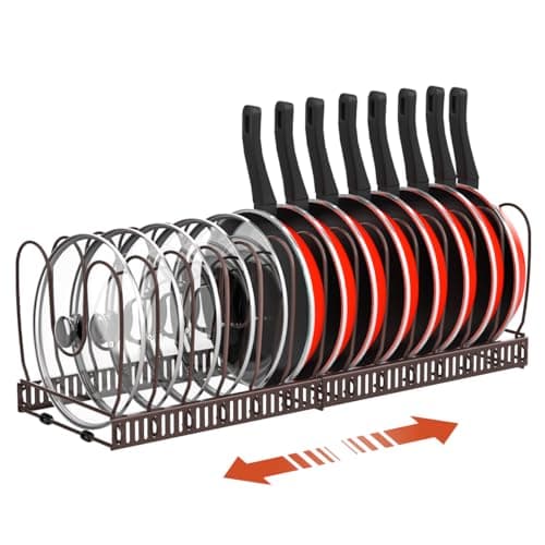 Housolution Organizador de Ollas y Sartenes, Extensible Organizador Tapas Ollas con 14 Compartimentos Ajustable, Soporte Tapas Ollas y Sartenes para Cocina, Bronce