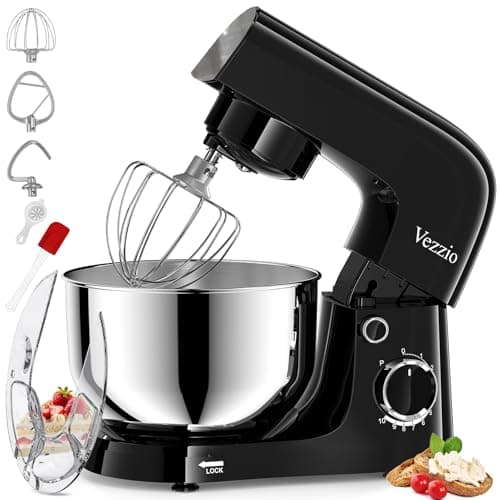 Vezzio Batidora Amasadora,1500W|4.5 L Amasadora de Pan Para Repostería,Bol de Acero inoxidable de Amasador,Batidor,Varillas y Protección Para Salpicaduras 10 Velocidades Repostería Profesional