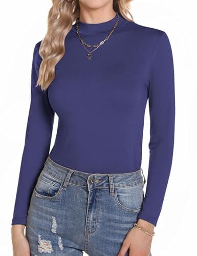 Aottori Camiseta Cuello Alto Mujer Camisetas Manga Larga Ropa Interior Jersey Algodon con Cuello Vuelto Invierno Slim Fit Basica Termica Top Azul Marino XS