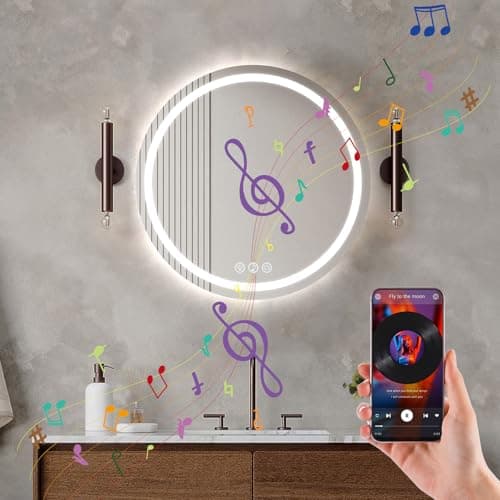 Ratsamee Bluetooth Espejo Baño con Luz Redondo 50cm, Espejos de Baño con LED con Antivaho, Regulable, 3 Colores Luz, Función Memoria