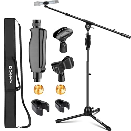 CAHAYA Soporte de micrófono con mango de metal: trípode de micrófono 3 en 1 de doble uso con bolsillo y clips de micrófono, altura ajustable para reuniones de escenario, lenguaje en vivo CY0362