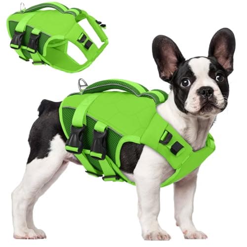ASENKU Chaleco Salvavidas para Perros con Mango Salvavidas, Chaleco Salvavidas Perro de Alta Flotabilidad, Chaleco de Seguridad Ligero a Prueba de Desgarros con Tiras Reflectantes Verde S