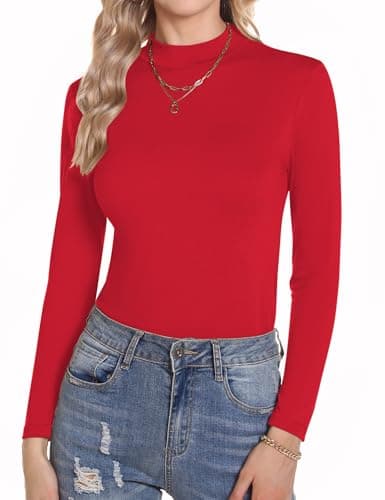 Aottori Camiseta Cuello Alto Mujer Manga Larga Basica Ropa Interior Algodón con Cuello Vuelto Slim Fit Ligera Térmica Primavera Otoño Invierno Rojo XS