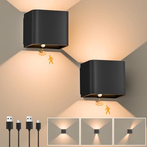 GuKKK Aplique de Pared Interior Con Sensor de Movimiento - 2 Piezas Lámpara Inalámbrica Recargable, Blanco Cálido 3000K, Ángulo de Haz Regulable (Negro)