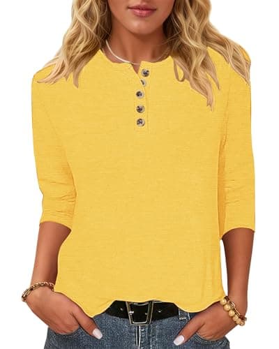 WNEEDU Camiseta de Manga 3/4 Mujer - Blusa Casual Henley Camisas con Cuello Redondo Jersey Ligero con Botones el Motivo de Amarillo XXL