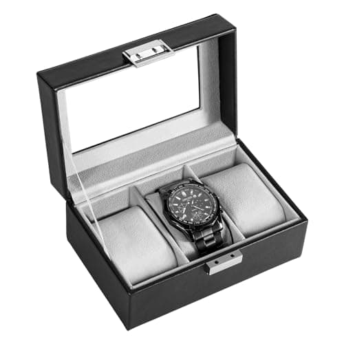 ProCase Caja de Relojes con 3 Compartimentos, Caja Guarda Reloj con Tapa de Cristal y Cojín Extraíble Organizador para Hombres y Mujeres -Negro