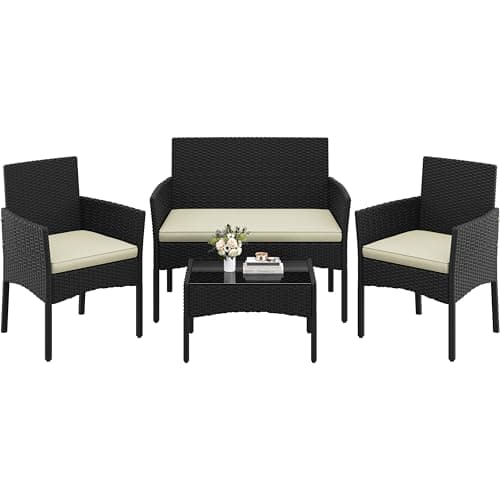 Yaheetech Conjunto Jardin Exterior Muebles Ratán de Jardín de 4 Piezas, 1 Sofá, 2 Sillas con Cojines y 1 Mesa con Vidrio para Patio/Terraza/Balcón (Negro/Beige)