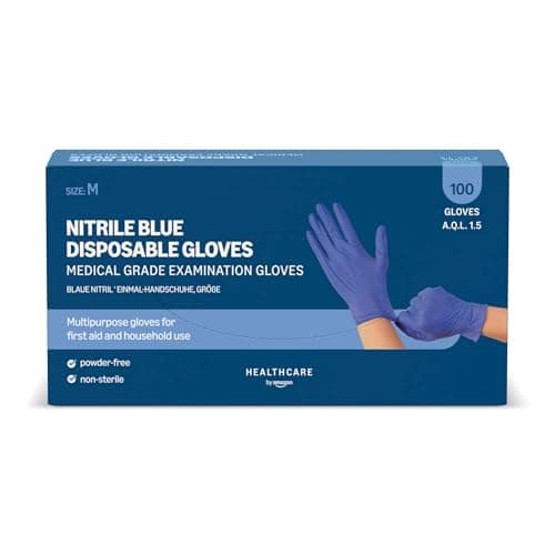 by Amazon Guantes Desechables de Nitrilo Azules, sin Polvo, Talla M, Paquete de 100