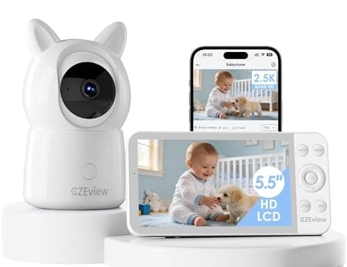 CZEview 2.5K 4MP Camara Vigilancia Bebe con App Movil, 5.5" IPS Gran Pantalla, 360°, Monitorización & Alertas en Tiempo Real, Visión Nocturna (Blanco)