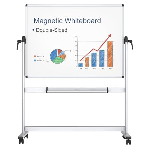 VIZ-PRO Pizarra blanca móvil magnética de doble cara 120x90 cm, con ruedas y marco de aluminio, para oficina y aula