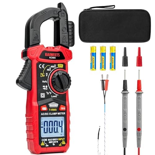 KAIWEETS Pinza Amperimétrica CA/CC, Pinza Multímetro para Medir Voltaje &Corriente CA/CC, Temperatura, Continuidad, NCV, Diode, con Linterna, Luz de Fondo, Mandíbula en Forma de D, KC604