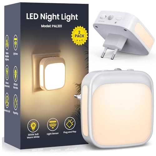 PALATALA Luz Nocturna Infantil con Sensor Crepuscular, 2 Piezas Luz Noche Enchufe Brillo Ajustable, Lampara Nocturna Bebe para Niños, Escalera, Pasillo, Habitación, Sala, Cocina, Baño