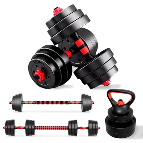 JUPPLIES Juego de Mancuernas Ajustables 4 en 1 + Kettlebell - 10kg 20kg 40kg - Kit de Pesas con Barra Recta Ajustable y Antideslizante - Pesas y Mancuernas Discos Recubiertos - Set de 20 kg