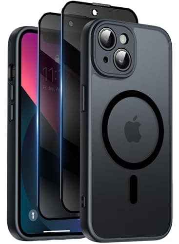 Qasyfanc Funda Magnética para iPhone 13 Compatible MagSafe con 2 Privacidad Cristal Templado Antiespia, Protección de Cámara Carcasa Translúcida Mate Trasera, Fina Antigolpes Negro