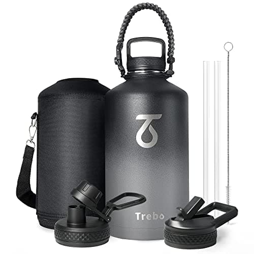 Trebo Botella de agua de una galón aislada con asa de paracord, 3,6 l de acero inoxidable, gran jarra deportiva de calidad alimentaria, de doble pared con aislamiento al vacío y tapa con asa de pajita