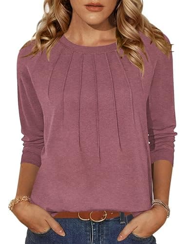 Zeagoo Camiseta de manga larga para mujer, cuello redondo, informal, plisada, parte superior, monocolor, básica, otoño, túnica, tallas S-XXL, Rosa., S