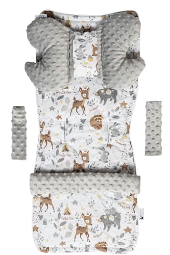 Medi Partners Inserto universal para cochecito Manta para cochecito 5p Protector de cinturón + superposición para diadema Algodón + Minky (Ciervo con gris Minky)