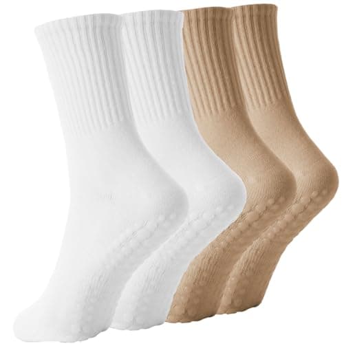 Yikki 4 pares de Calcetines Pilates Mujer Antideslizantes, Suaves Reformadores para Yoga, Baile, Fitness, Gimnasio, Ballet, Trampolín, uso Doméstico y Hospital, Talla única (Caqui/Blanco)