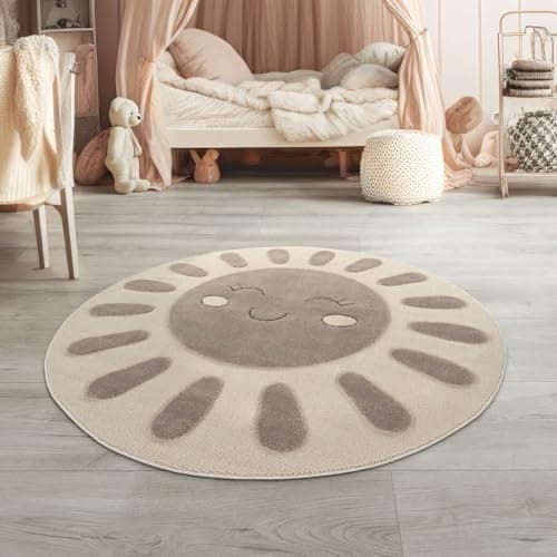 TT Home Alfombra Habitación Infantil De Juego Bebe Sol Felpa 3D Moderna Suave, Color:Beige Oscuro Crema, Tamaño:120 cm Redondo