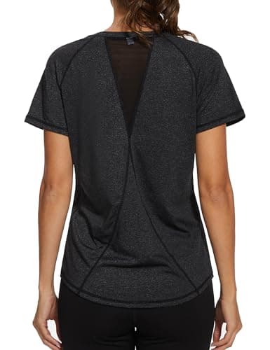 Gyabnw Camiseta Deportiva para Mujer Camisetas de Gimnasia Espalda Malla Ajuste Holgado Yoga Camiseta para Correr Ligera Que Absorbe la Humedad Cuello Redondo Manga Corta para Damas