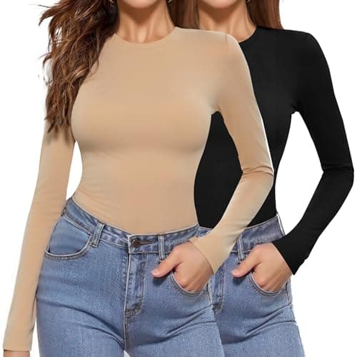 Aottori Pack de 2 Camiseta Interior Mujer Cuello Redondo Manga Larga Básica Camisetas Elegant Elástica Ajustada Ligera Ropa Interior Térmica Tops Negro+Caqui XS