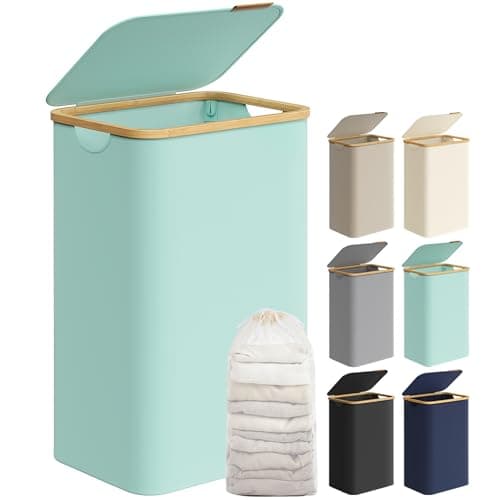 SONGMICS Cesto de Ropa Sucia con Tapa, Gran Cesta Ropa Sucia, 90 L, Forro de Malla Extraíble, Tejido Oxford, Asas Bambú, Plegable, 42 x 32 x 70,5 cm, Verde Menta LCB509C01