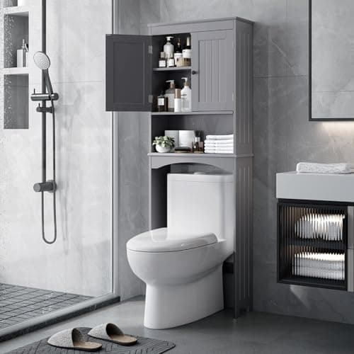 Bealife Estantería para Inodoro con estantes Ajustables de 3 Niveles, Armario de Pared para Inodoro Independiente, Armario de baño con Puertas Dobles para Cuarto de baño (Gris)