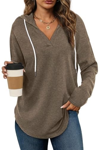 Cuptacc Sudadera con capucha para mujer, jersey con cuello en V, sudadera con capucha para mujer con cordón, sudadera, camiseta de manga larga, jersey oversized, marrón, XL