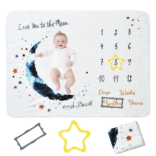 QSLKI Manta Meses Bebé, Personalizada Unisex para Baby Shower, Temática Luna, Tarjetas De Hitos, Regalo Personalizado De Nacimiento, Suave Y Gruesa, Incluye Marcos, 120x100cm