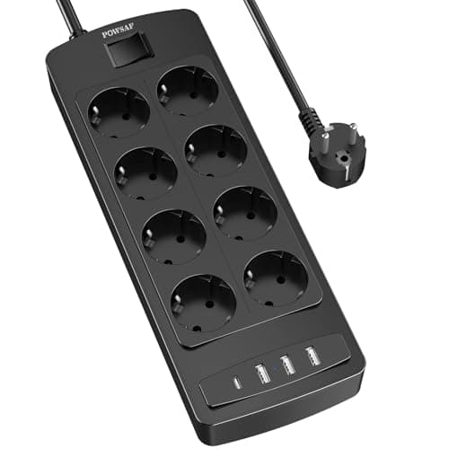 POWSAF Base de Enchufes con USB, Regleta Eléctrica 8 Enchufes y 4 Puertos USB, Regleta Multiple con Interruptor Seguro para Hogar/Oficina, Negro