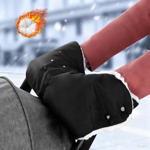 NINESPRING Guantes de Cochecito,Manoplas Carro Bebé Universal,Guantes de Silla para Paseo Impermeable y Cortaviento - Con Forro Polar Caliente,Negro Guantes Carrito Bebé para Invierno,Engrosado