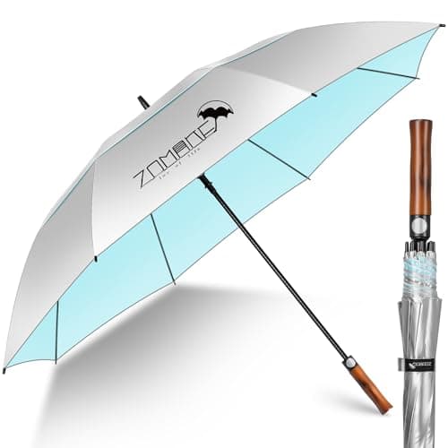 ZOMAKE Paraguas Golf Grande XXL de Sol,62 pulgadas UV Paraguas Antiviento con Ventilado Doble Cubierta para Hombre Mujer Con Mango de Madera(Plateado Azul Claro)