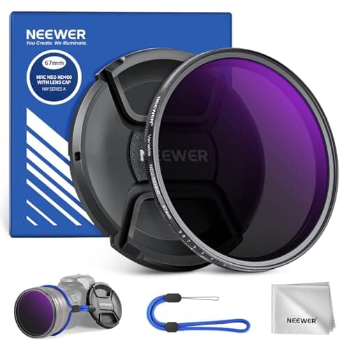 NEEWER 67mm Filtro ND Variable ND2-400 (1-9 Paradas) con Tapa de Lente, Cordón, Paño de Limpieza, Ajuste Preciso de Densidad Neutra, Vidrio Optico Multicapa Resistente a Huellas Dactilares y Rayones