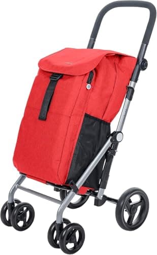 Carlett Carro de la Compra 4 Ruedas Plegable, Bolsa Extraíble de Gran Capacidad 53L/15Kg y Bolsa Térmica 10L, Manillar Regulable, Freno de Seguridad, Convertible a 2 Ruedas, Classic Duo, Color Rojo