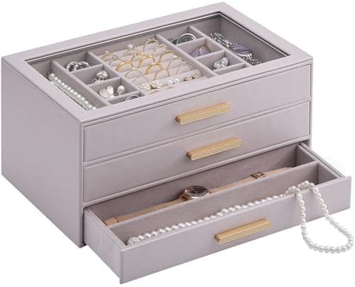 Lolalet Caja Organizadora de Joyas de 3 Niveles con Tapa de Vidrio, Joyero para Anillos Pendientes Pulseras y Collares, Estuche de Almacenamiento para Mujer y Niña, Regalo Elegante – 3 Capas, Morado